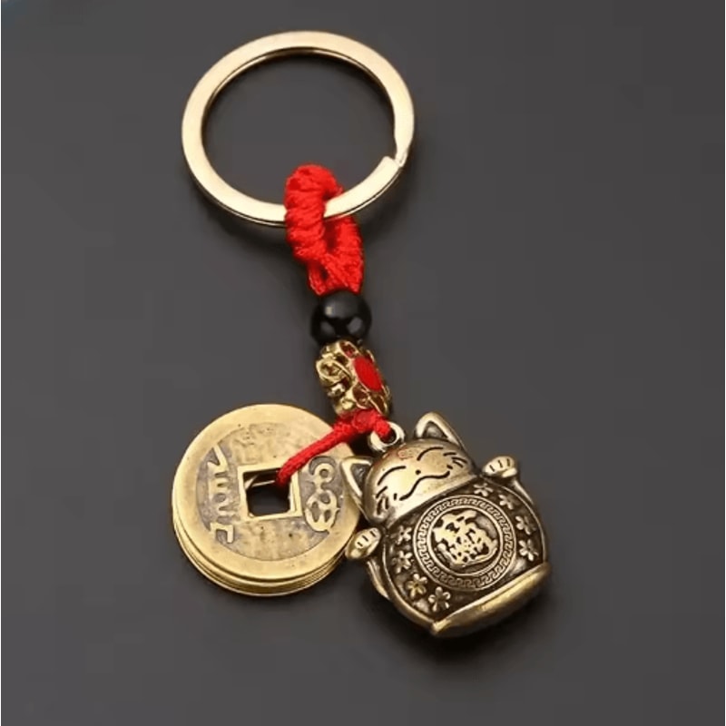 Vintage Lucky Cat Figurine Keychain Feng Shui Wealth Talisman Mini Ornament 1