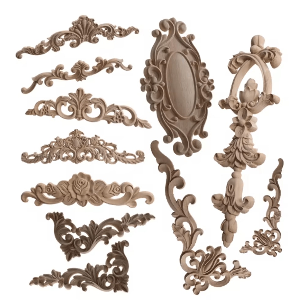 2PCS Rose Wood Carving Applique Floral Cabinet Door Decorative Furniture Accents 0