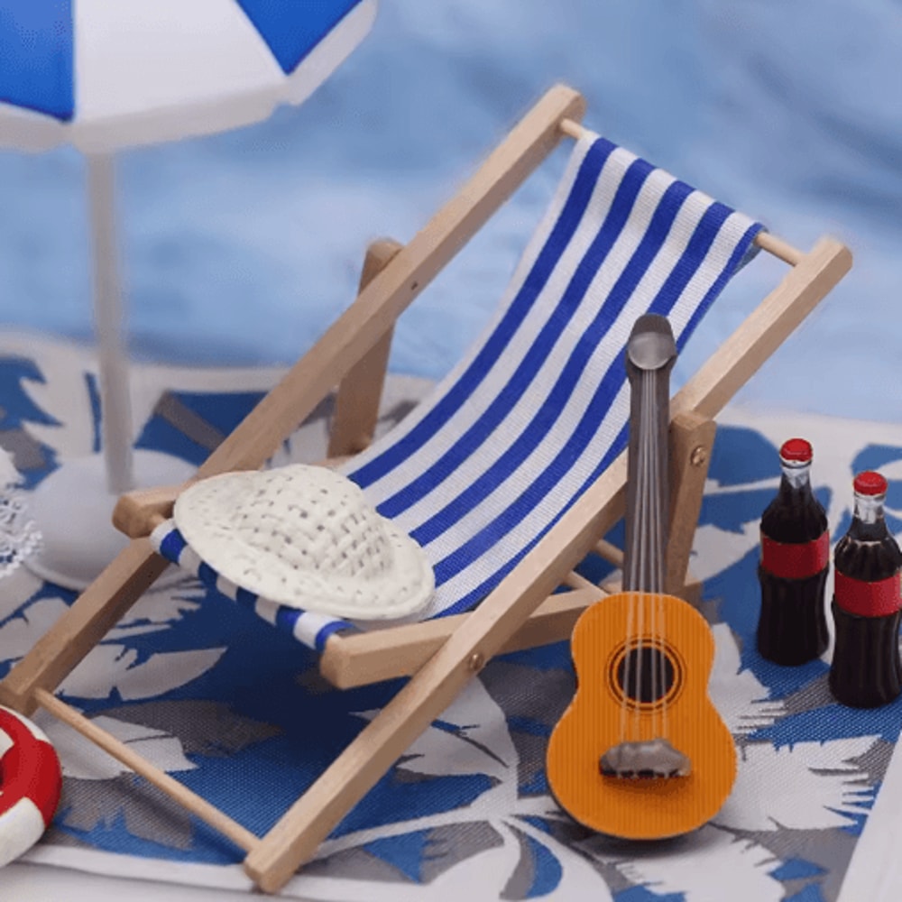 Mini Dollhouse Beach Set Deckchairs Sunshade Umbrella Fairy Garden Decor 3