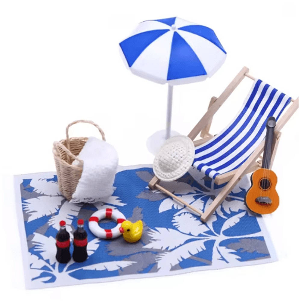 Mini Dollhouse Beach Set Deckchairs Sunshade Umbrella Fairy Garden Decor 4