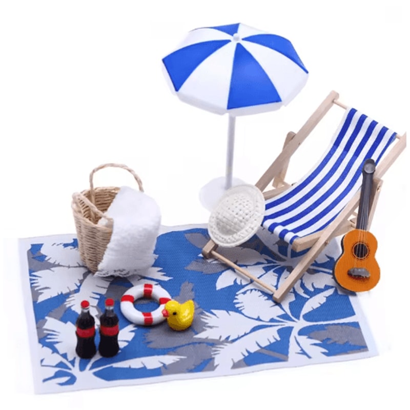 Mini Dollhouse Beach Set Deckchairs Sunshade Umbrella Fairy Garden Decor 4