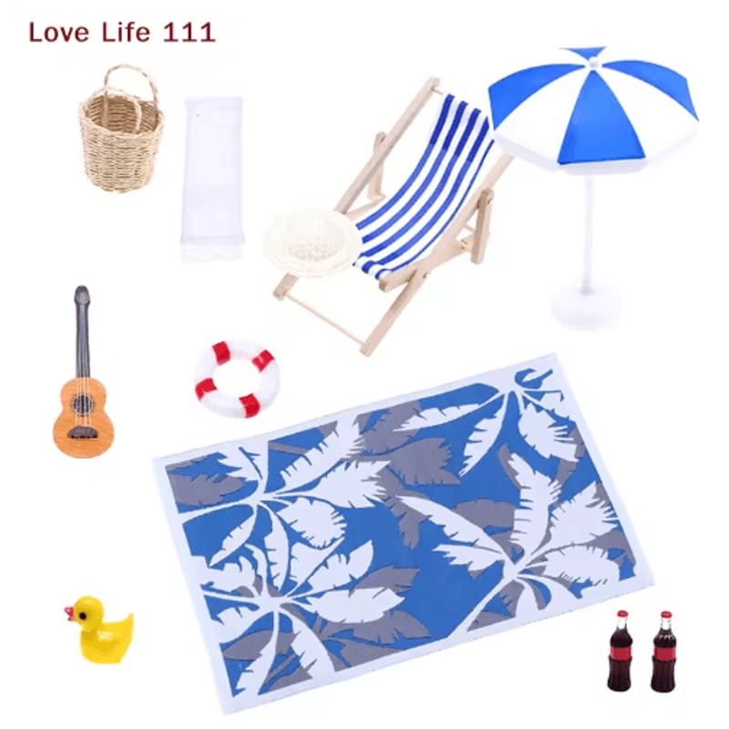 Mini Dollhouse Beach Set Deckchairs Sunshade Umbrella Fairy Garden Decor 0