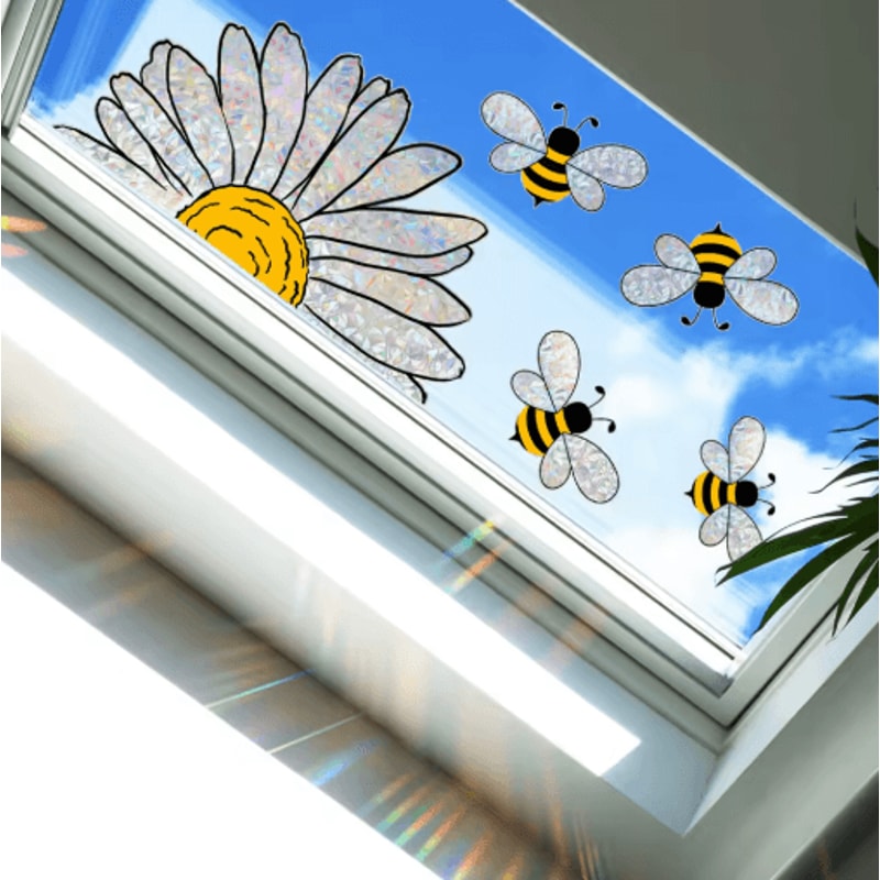 Sunflower Bee Rainbow Window Sticker Vibrant Static Cling Glass Decor 2