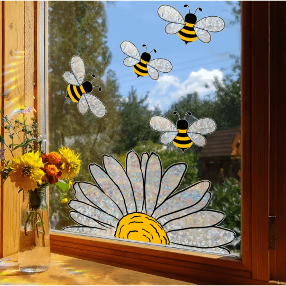 Sunflower Bee Rainbow Window Sticker Vibrant Static Cling Glass Decor 0