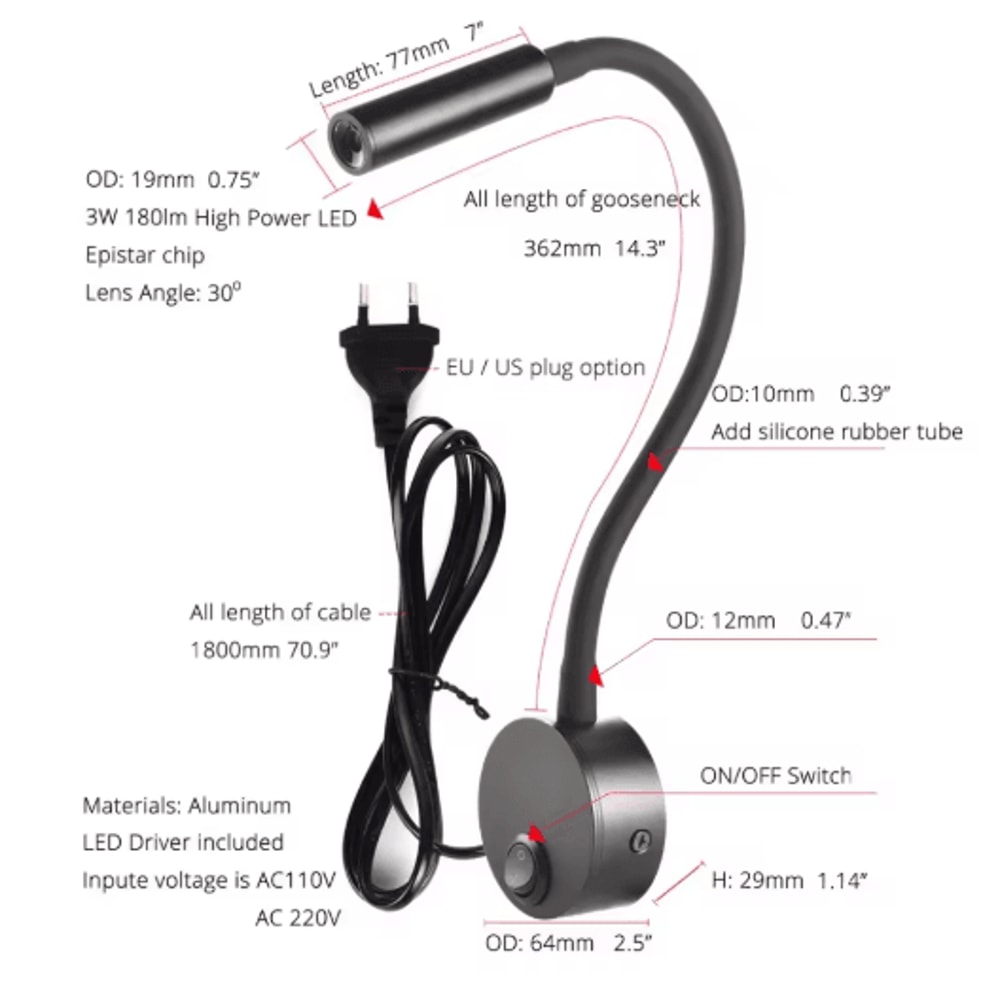 Flexible Gooseneck Bedside Reading Light Wall Sconce Clamp Lamp With Switch 13