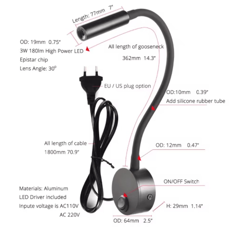 Flexible Gooseneck Bedside Reading Light Wall Sconce Clamp Lamp With Switch 13