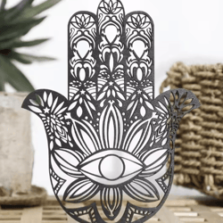 black wooden hamsa hand decor with evil eye boho spiritual desk accent