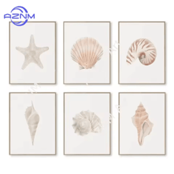 watercolor coastal wall art set sea shell & starfish prints for modern home decor