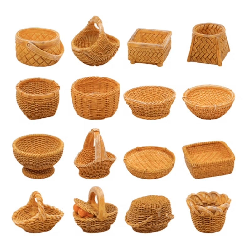 Mini Rattan Basket Model DIY Dollhouse Food Display Kitchen Decor 19