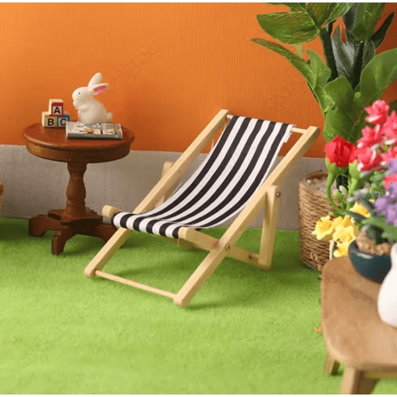 Mini Wooden Beach Chair Model Dollhouse Outdoor Reclining Furniture Accessory 7