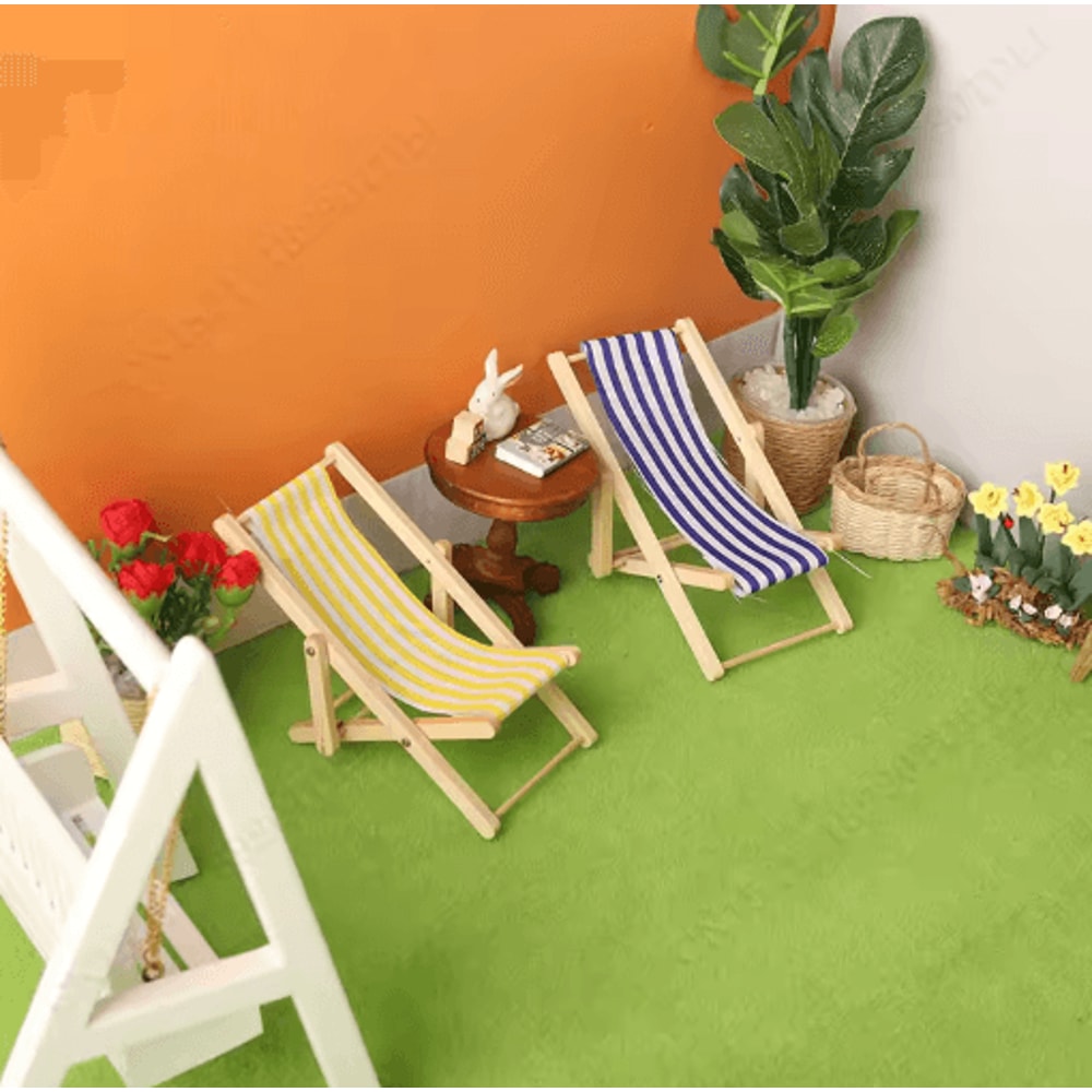 Mini Wooden Beach Chair Model Dollhouse Outdoor Reclining Furniture Accessory 8