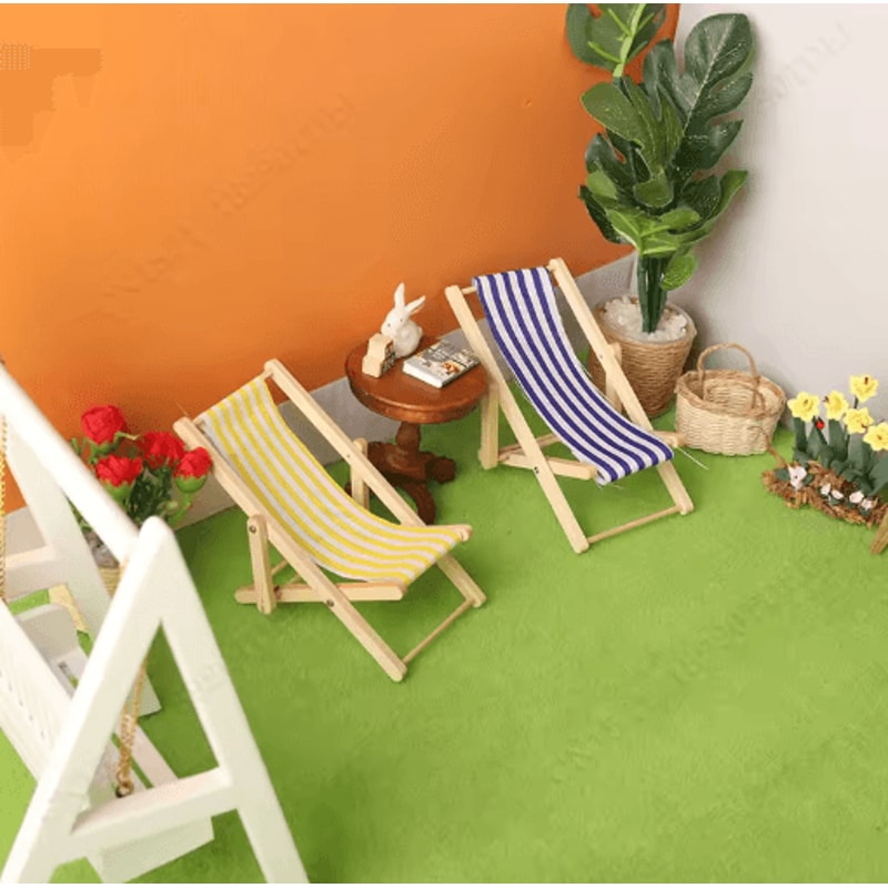 Mini Wooden Beach Chair Model Dollhouse Outdoor Reclining Furniture Accessory 8