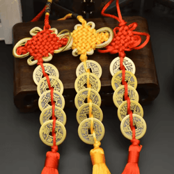 chinese knot lucky charm with five emperors coins – feng shui prosperity & protection decor