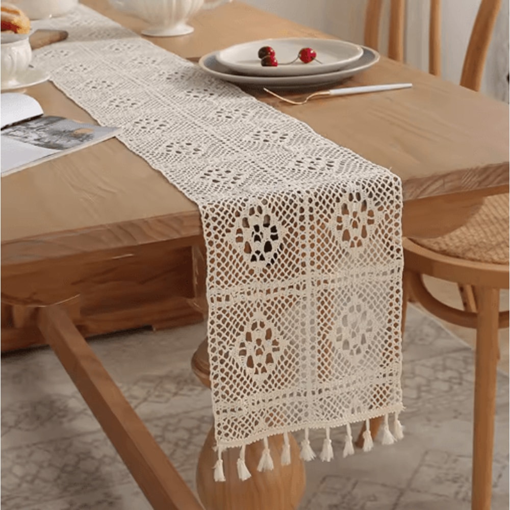 Vintage Crochet Lace Table Runner Beige Tassel Cotton Blend For Elegant Table Decor 1