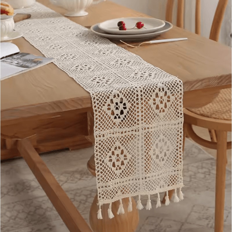 Vintage Crochet Lace Table Runner Beige Tassel Cotton Blend For Elegant Table Decor 1