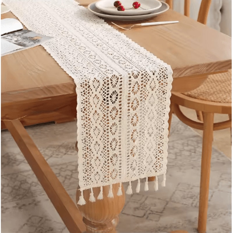 Vintage Crochet Lace Table Runner Beige Tassel Cotton Blend For Elegant Table Decor 6