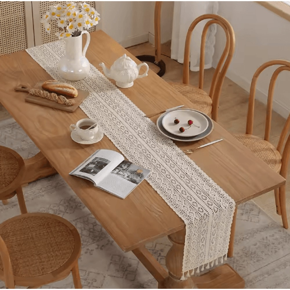Vintage Crochet Lace Table Runner Beige Tassel Cotton Blend For Elegant Table Decor 7