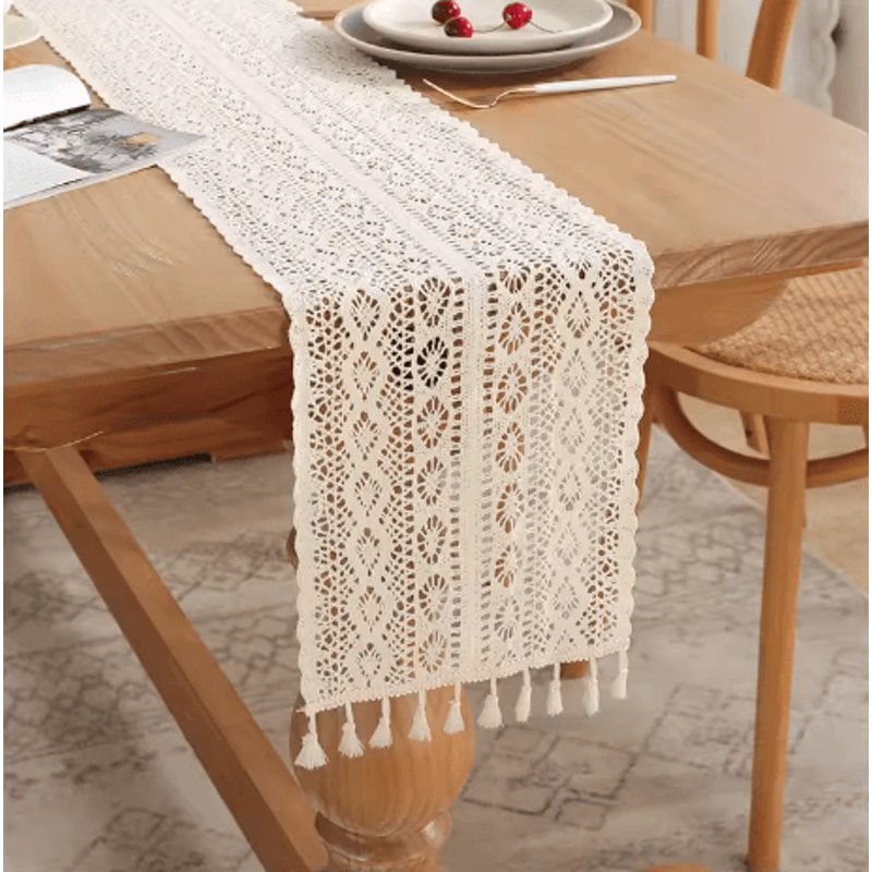 Vintage Crochet Lace Table Runner Beige Tassel Cotton Blend For Elegant Table Decor 9