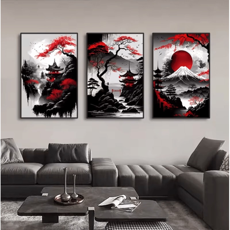 Vintage Japanese Landscape Wall Art Set Black Red Oriental Canvas Prints 3PCS 1