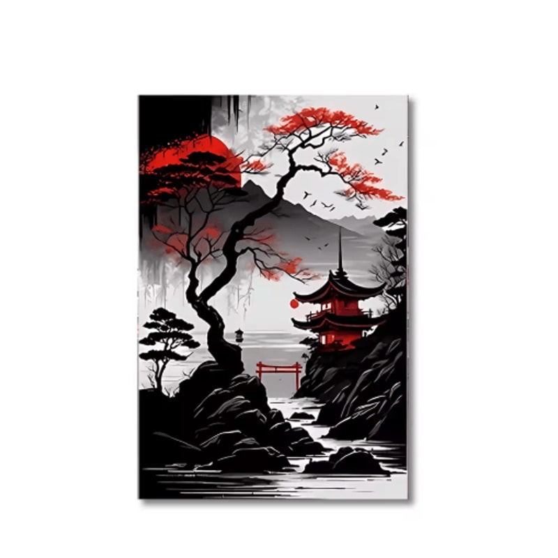 Vintage Japanese Landscape Wall Art Set Black Red Oriental Canvas Prints 3PCS 2