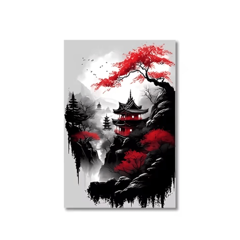 Vintage Japanese Landscape Wall Art Set Black Red Oriental Canvas Prints 3PCS 3