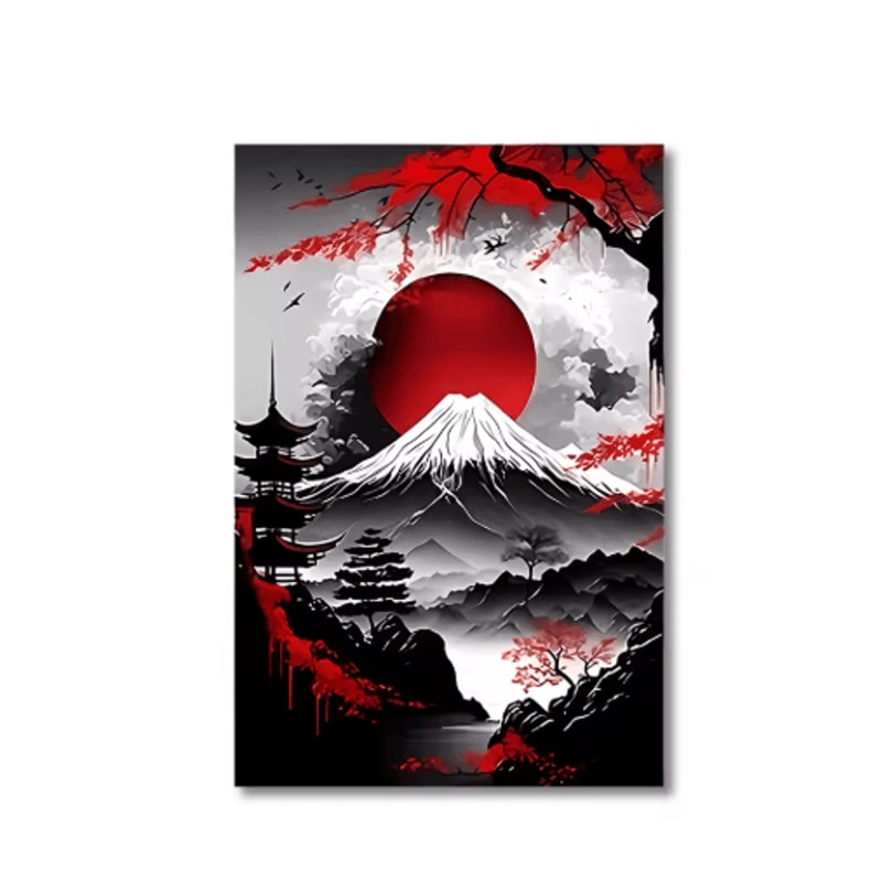 Vintage Japanese Landscape Wall Art Set Black Red Oriental Canvas Prints 3PCS 4