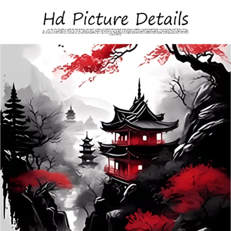 Vintage Japanese Landscape Wall Art Set Black Red Oriental Canvas Prints 3PCS 5
