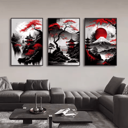 vintage japanese landscape wall art set black & red oriental canvas prints (3pcs)