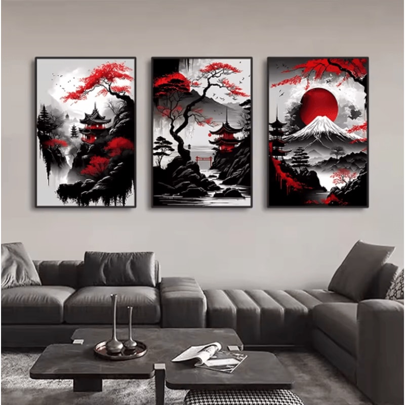 Vintage Japanese Landscape Wall Art Set Black Red Oriental Canvas Prints 3PCS 0
