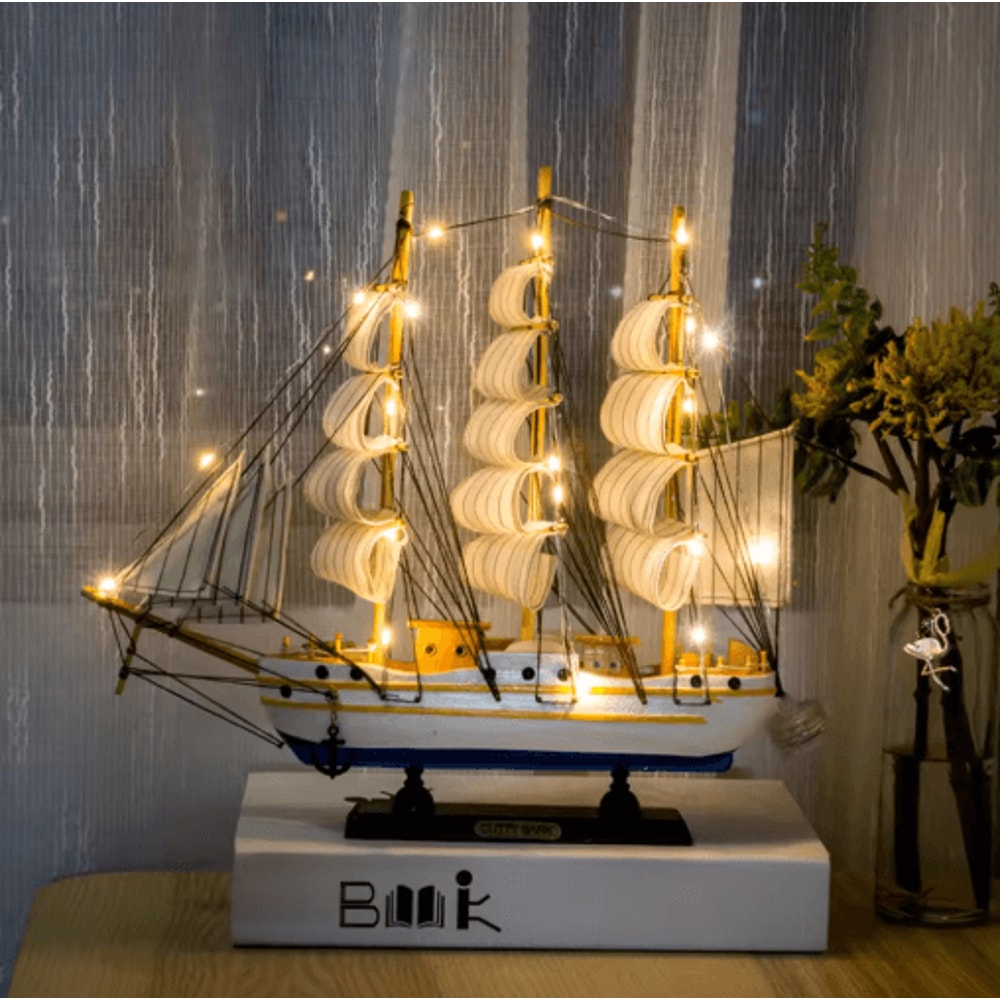 Mediterranean Wooden Sailboat Model Nautical Coastal Home Decor Accent 0