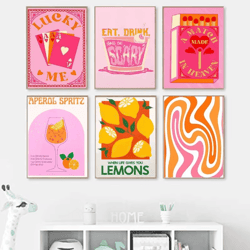 retro cocktail wall art strawberry lemon drink canvas prints for kitchen & bar decor