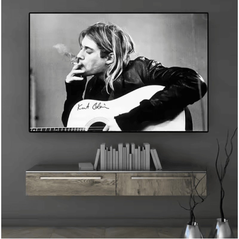 Kurt Cobain Black White Poster Retro Rock Music Wall Art Canvas Print 17