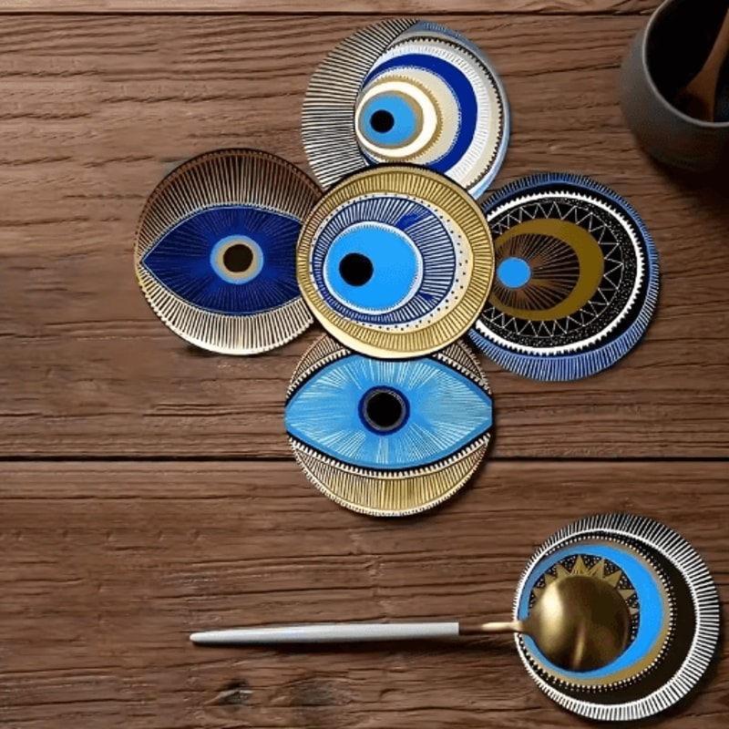 6PCS Wooden Coasters Set Evil Eye Decorative Heat Resistant Mug Mats 4