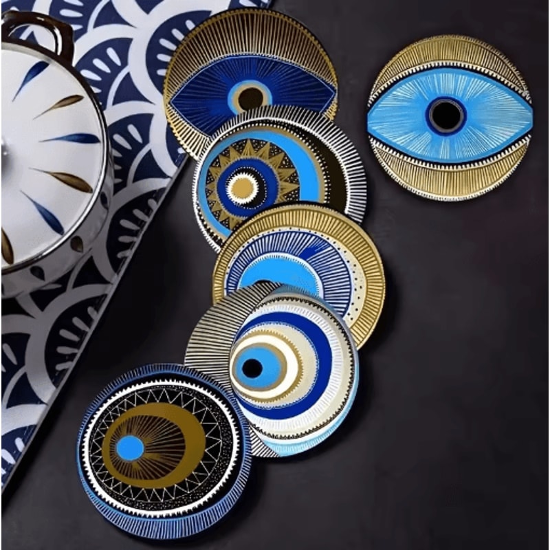 6PCS Wooden Coasters Set Evil Eye Decorative Heat Resistant Mug Mats 0