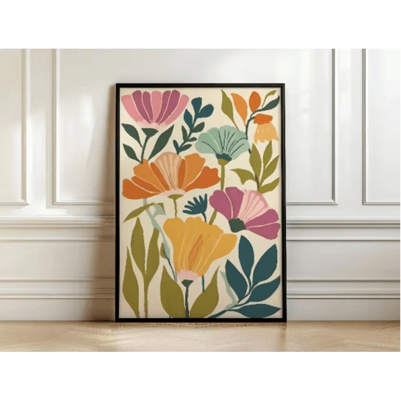 Retro Beige Floral Line Wall Art Minimalist Neutral Canvas Print Frameless 2