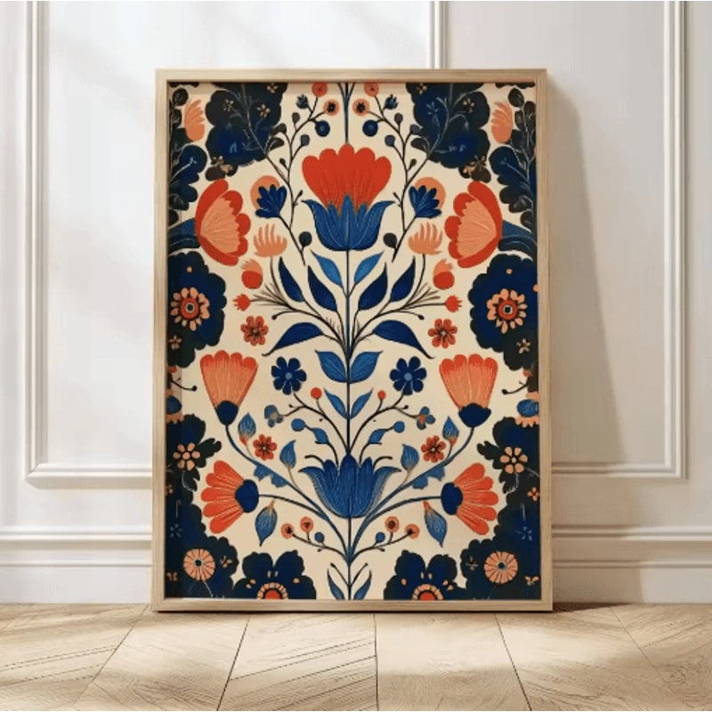 Retro Beige Floral Line Wall Art Minimalist Neutral Canvas Print Frameless 3