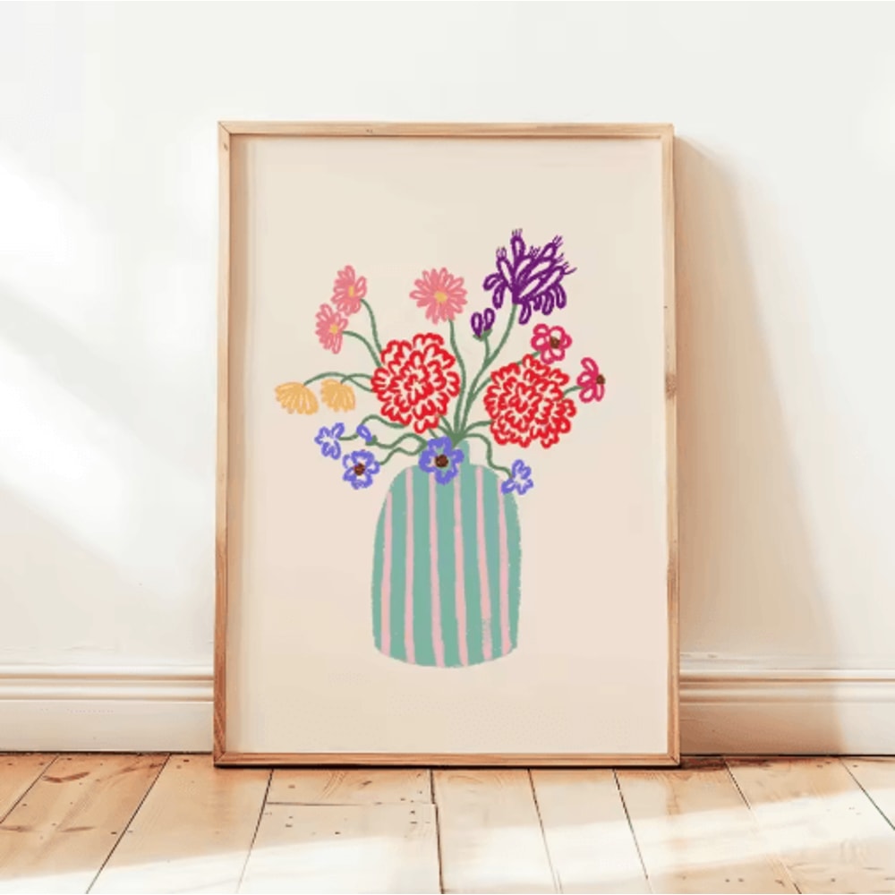 Retro Beige Floral Line Wall Art Minimalist Neutral Canvas Print Frameless 4