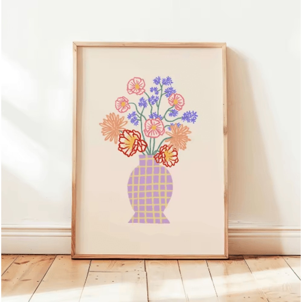 Retro Beige Floral Line Wall Art Minimalist Neutral Canvas Print Frameless 5