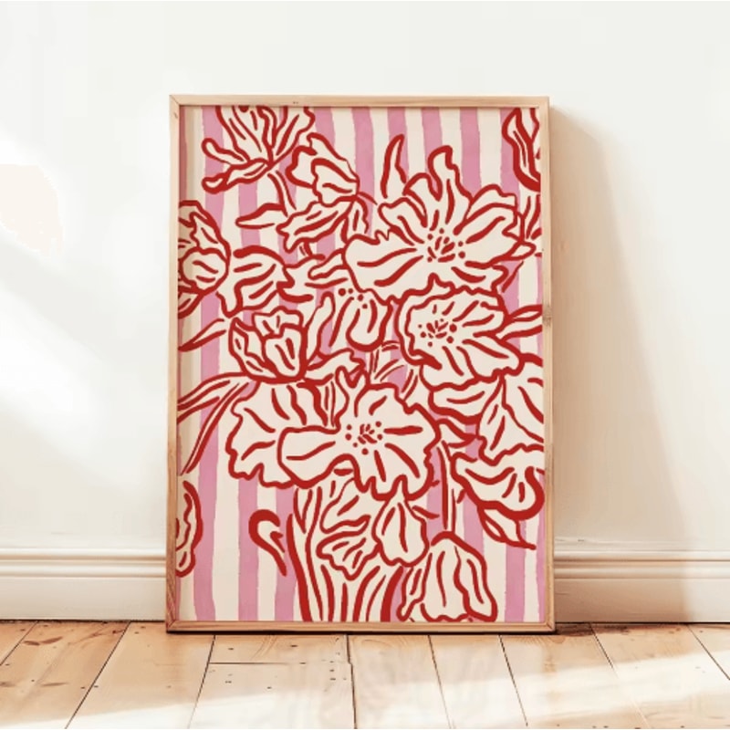 Retro Beige Floral Line Wall Art Minimalist Neutral Canvas Print Frameless 8