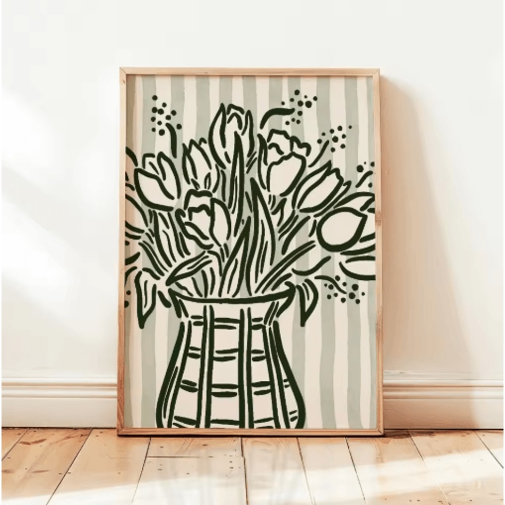 Retro Beige Floral Line Wall Art Minimalist Neutral Canvas Print Frameless 9
