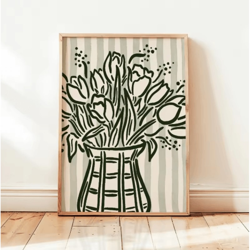 Retro Beige Floral Line Wall Art Minimalist Neutral Canvas Print Frameless 9
