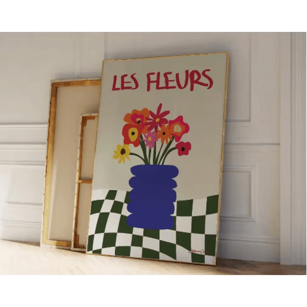 Retro Beige Floral Line Wall Art Minimalist Neutral Canvas Print Frameless 11