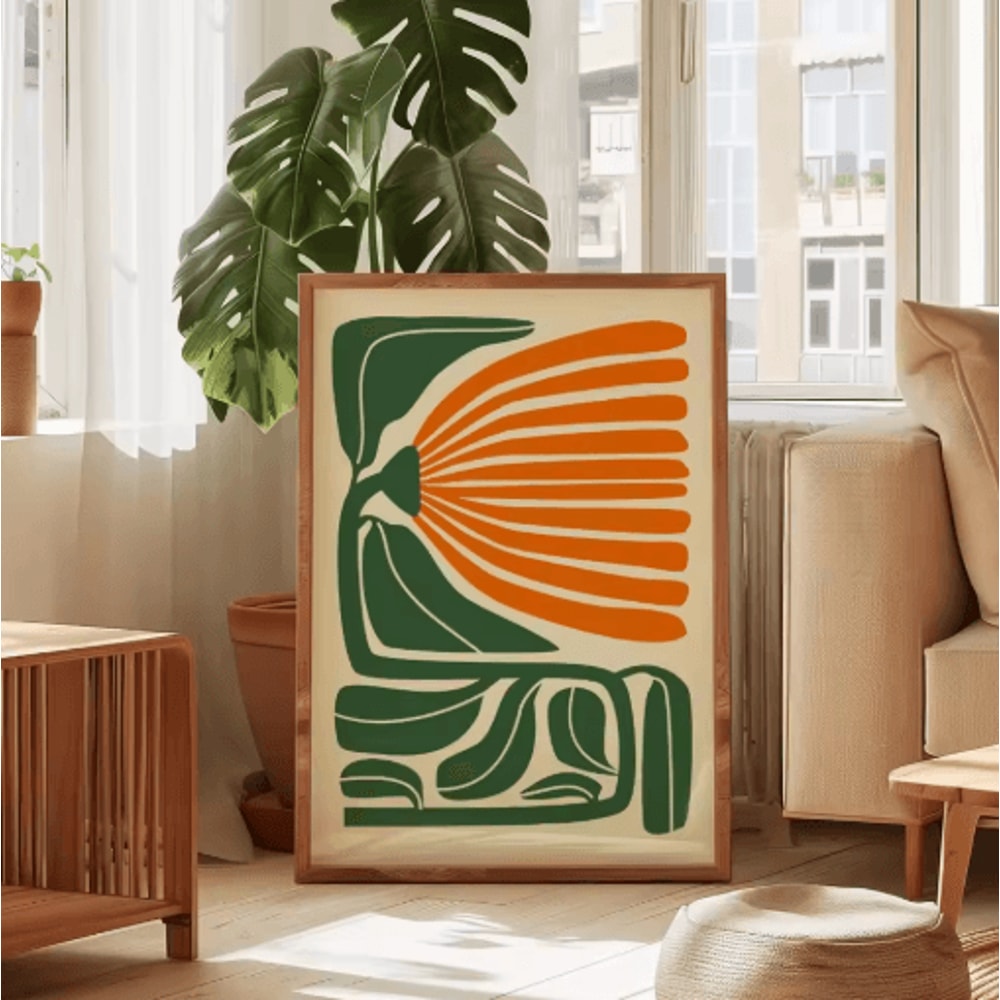 Retro Beige Floral Line Wall Art Minimalist Neutral Canvas Print Frameless 12