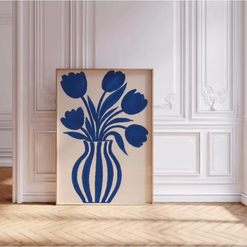 Retro Beige Floral Line Wall Art Minimalist Neutral Canvas Print Frameless 14