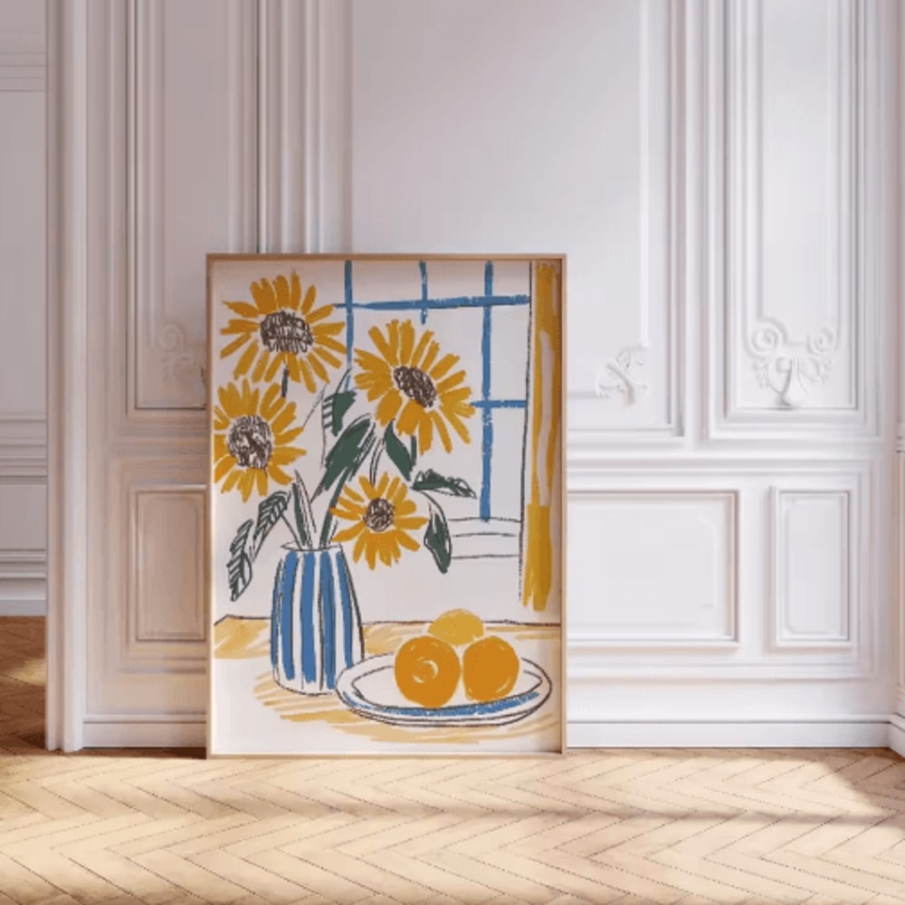 Retro Beige Floral Line Wall Art Minimalist Neutral Canvas Print Frameless 15