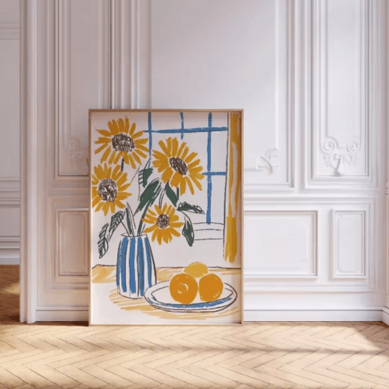 Retro Beige Floral Line Wall Art Minimalist Neutral Canvas Print Frameless 15