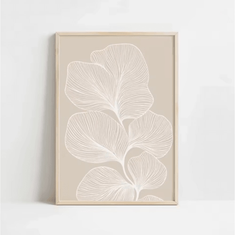 Retro Beige Floral Line Wall Art Minimalist Neutral Canvas Print Frameless 17
