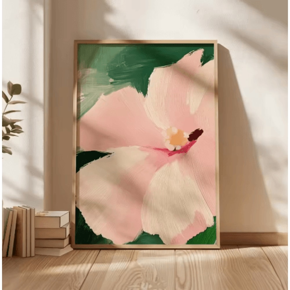 Retro Beige Floral Line Wall Art Minimalist Neutral Canvas Print Frameless 19