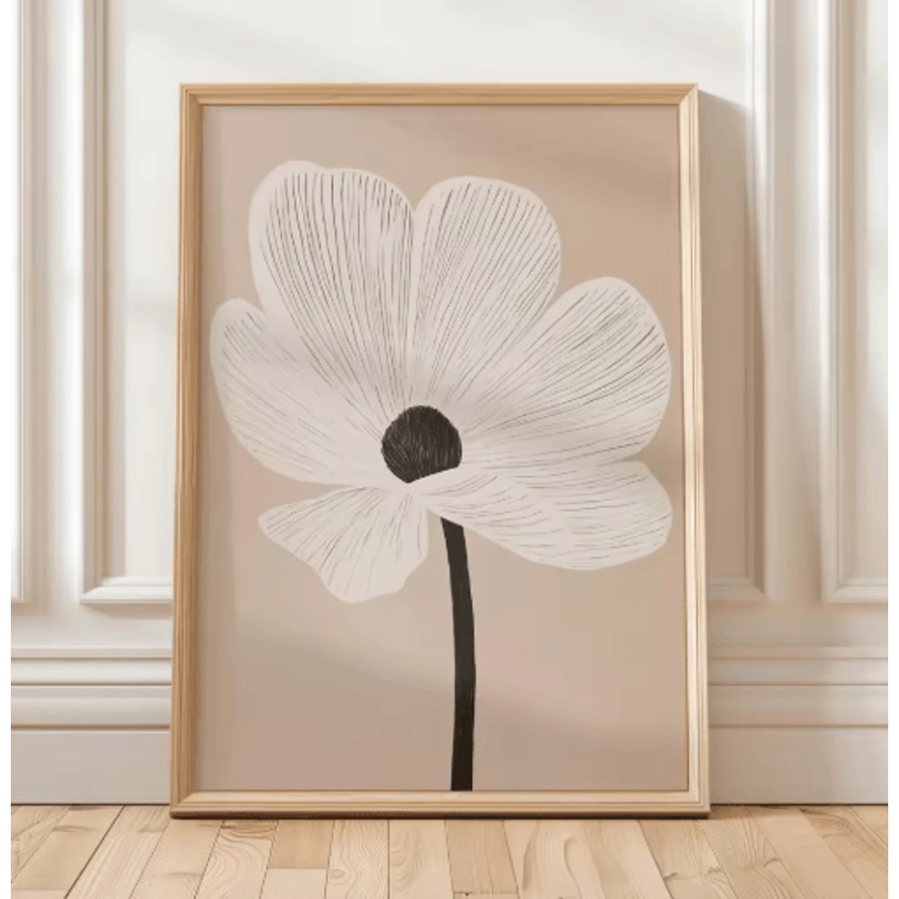 Retro Beige Floral Line Wall Art Minimalist Neutral Canvas Print Frameless 21