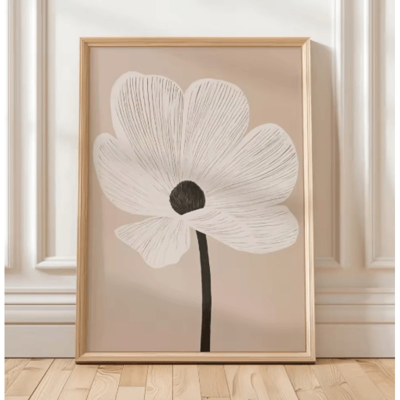 Retro Beige Floral Line Wall Art Minimalist Neutral Canvas Print Frameless 21